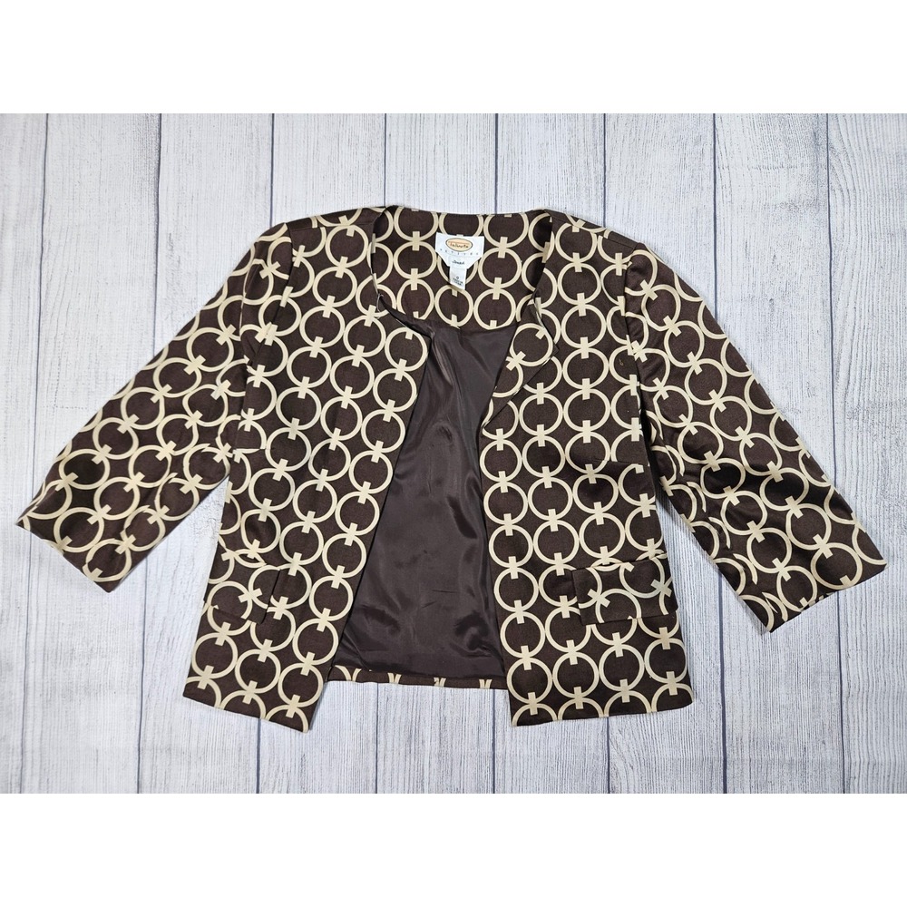 Talbots Blazer Womens 0P Brown Beige Geometric Print Stretch Open Front‎ Jacket